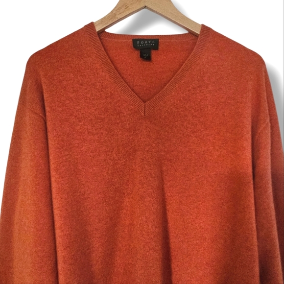 Forte 100% Cashmere Sweater Mens Size L Burnt Orange V-Neck Fall Soft Cozy Fall - Picture 4 of 9